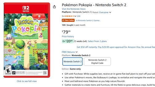 Pokémon Pokopia physical edition nu voor 80 dollar op Amazon te scoren